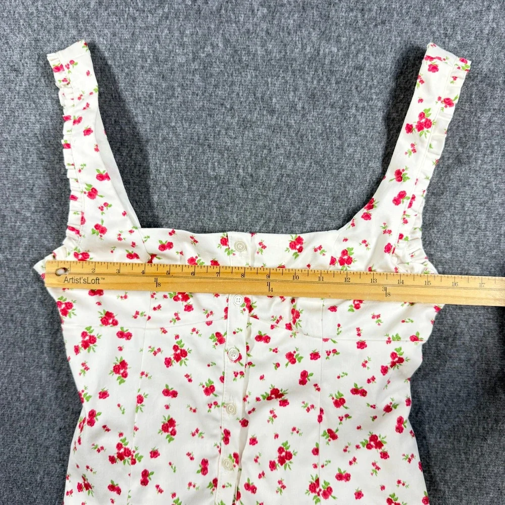 Zara Women Ivory Red Floral Button Front Ruffle Trim Square Neck Top Medium - Picture 3 of 10